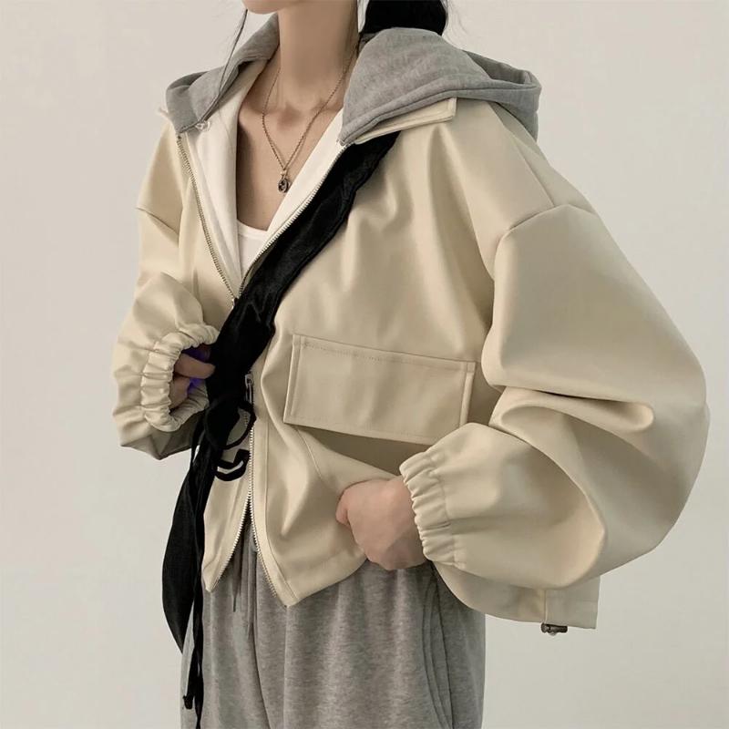 Chaqueta corta elegante vintage de otoño para mujer, estilo retro de calle, de cuero, de manga larga, con cremallera y capucha, estilo de abrigo
