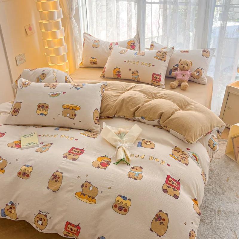 Povlečení Capybara Queen Size 4ks pro milovníky Kapybary Kluci Dívky Dárky Kreslený povlak na přikrývku Oboustranný povlak na přikrývku na kávu