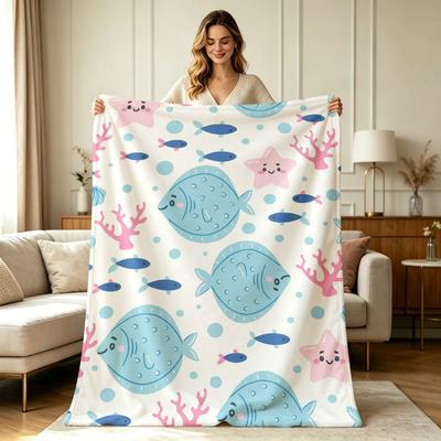 Soft Flannel Throw Blanket Cute Underwater Ocean Life Fish Starfish Coral Pattern All Season Warm Cozy Lightweight Breathable Blanket for Sofa Couch B