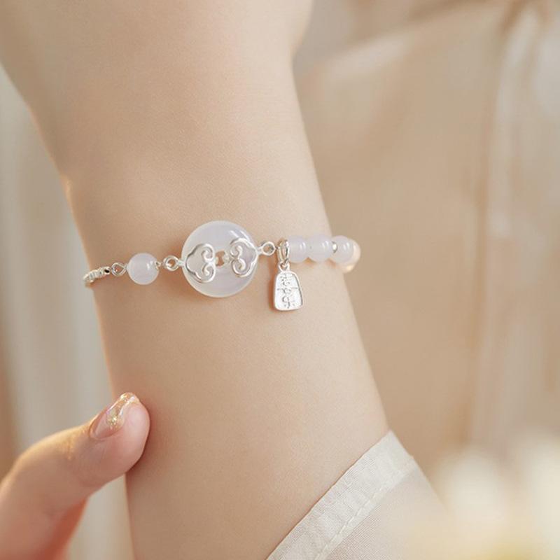 

Серебряный браслет S925, браслет с пряжкой мира, браслет с благоприятным облаком, браслет из белого нефрита, радость мира, браслет из бисера