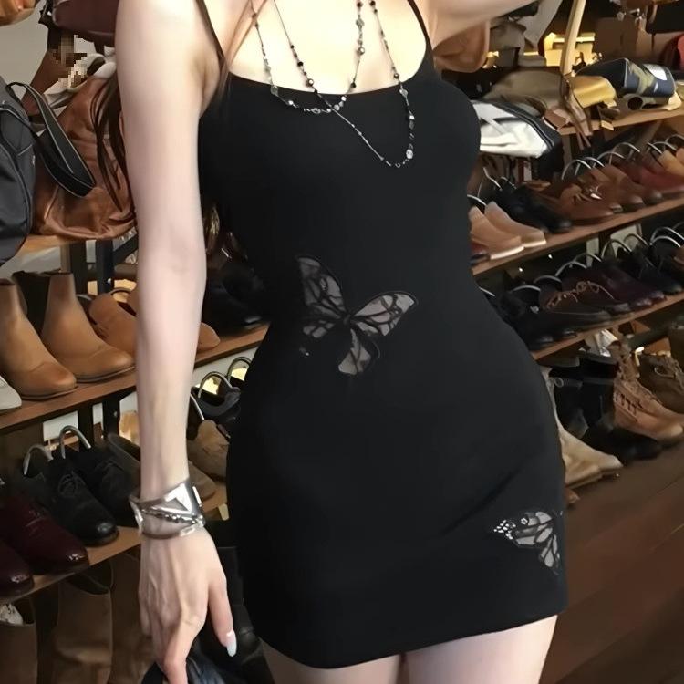 Black Butterfly Lace Low-Neck Camisole Dress - Sexy Waist-Cinched Slim Fit Skirt for Women