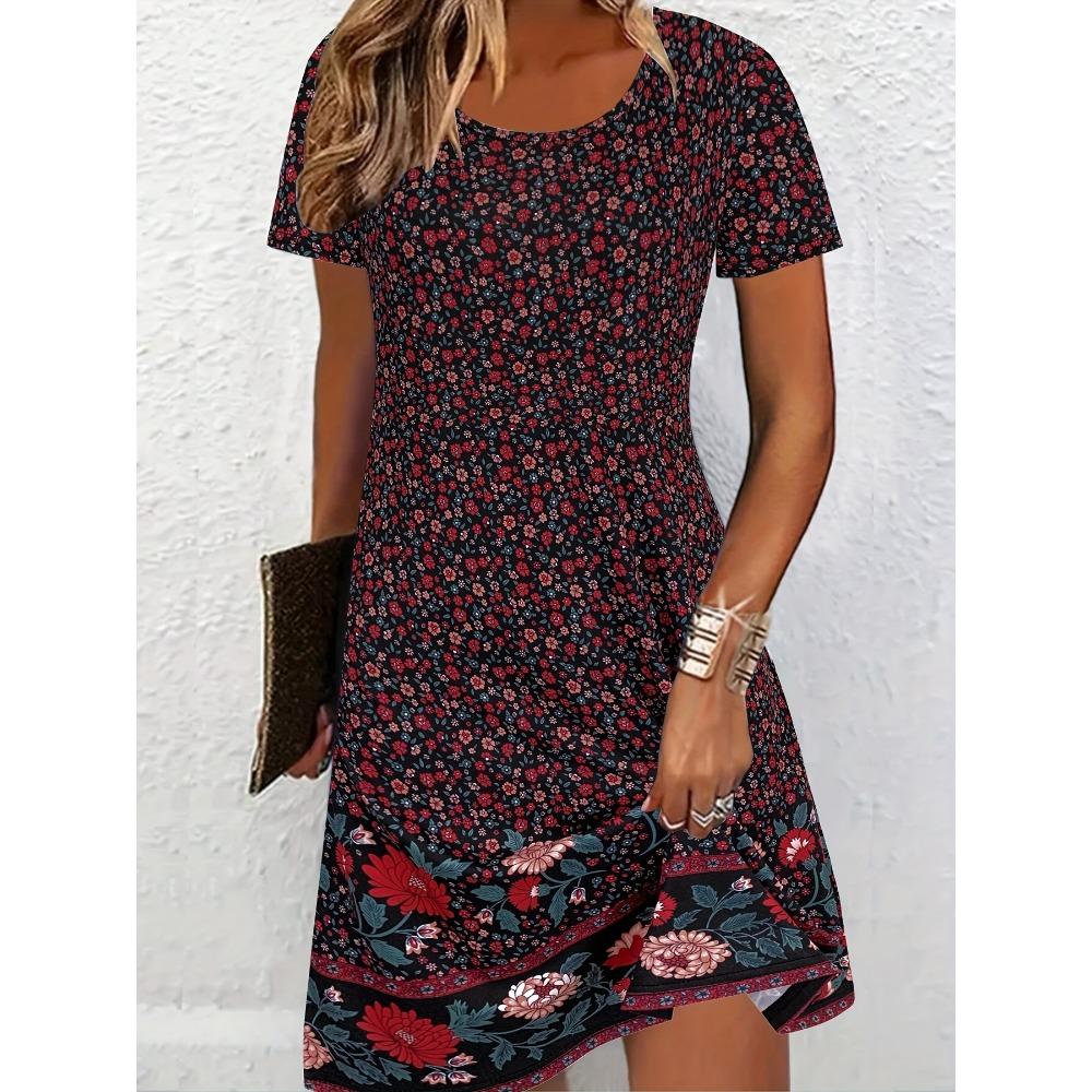 Women's Elegant Butterfly Print Short-Sleeved Round Neck Dress