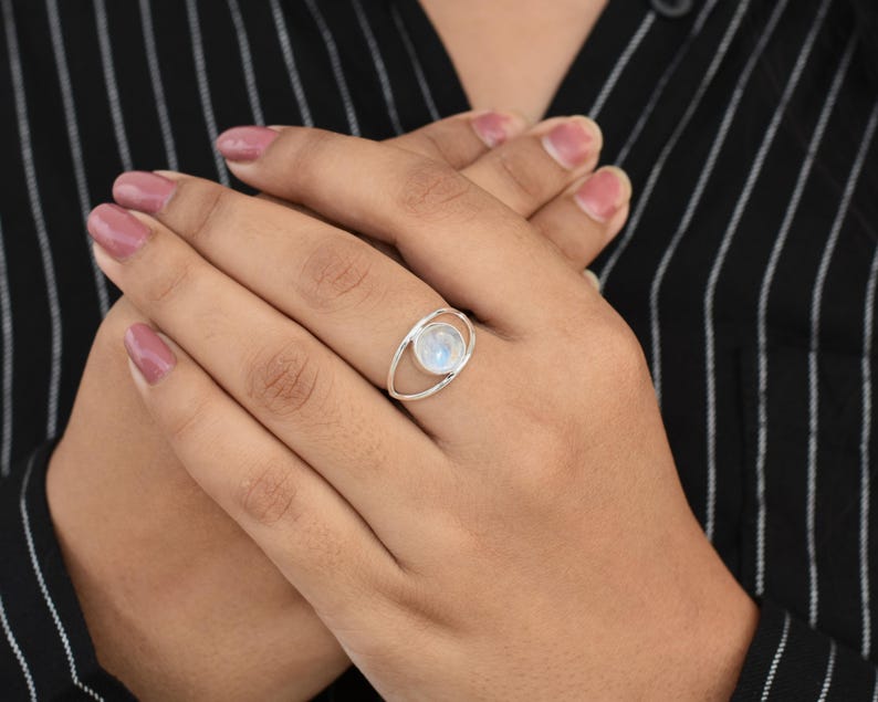 Solid 925 Sterling Silver Handmade Designer Moonstone Round Gemstone Statement Ring Unisex Gift Jewelry
