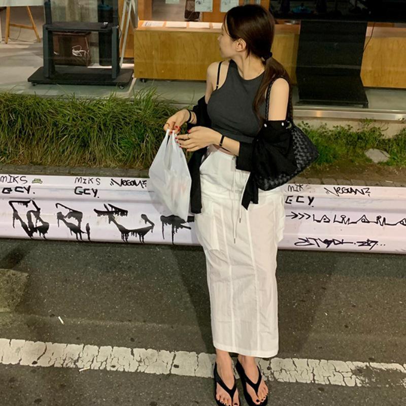 Korean Chic 2026 Spring/Autumn Casual Back Slit Double Pocket Midi Skirt for Women