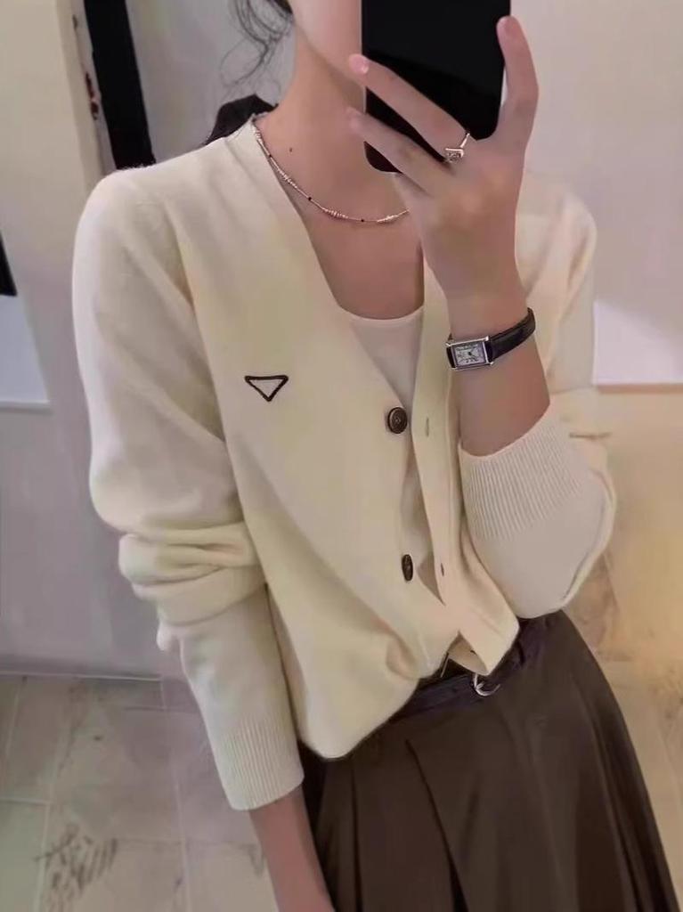 European V-Neck 100% Wool Knit Cardigan - Women's Autumn/Winter Embroidered Long Sleeve Sweater