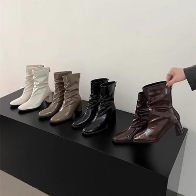 2025 New Spring and Autumn Square Head Thick Heel Temperament French High Heel Elastic Thin Boots British Style Pleated Stacking Boots Women