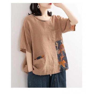 Übergröße Unregelmäßiger Patchwork-Print Retro-Print Locker Baumwolle Leinen Kurzarm T-Shirt Damen Rundhals Top Sommer T-Shirt