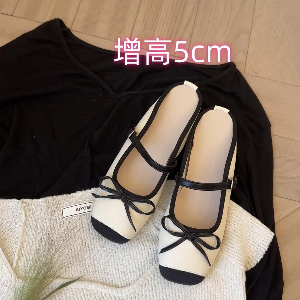 Spot~ Sheepskin Version French Leather Inner Height Increase 5cm Bow Versatile Ballet Women's Shoes Summer Mary Jane Shoes