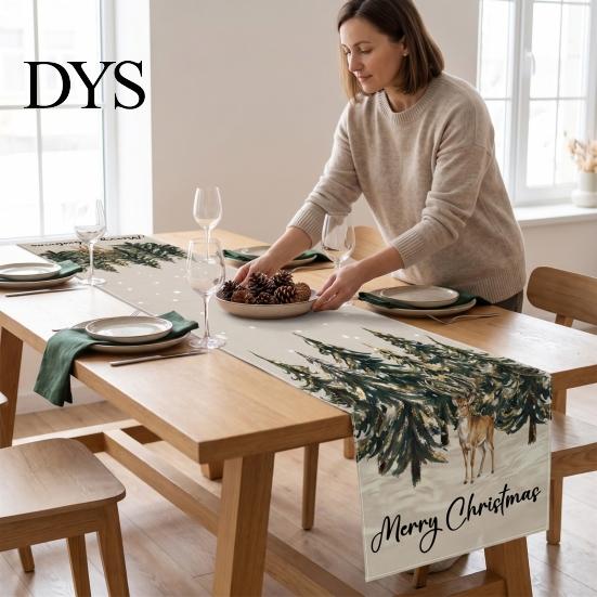 Farmhouse Table Runner Linen Christmas Runner, Winter Reindeer Santa Seasonal Home Decorations Prints, Tabletop Overlay for Holiday Dining Decor