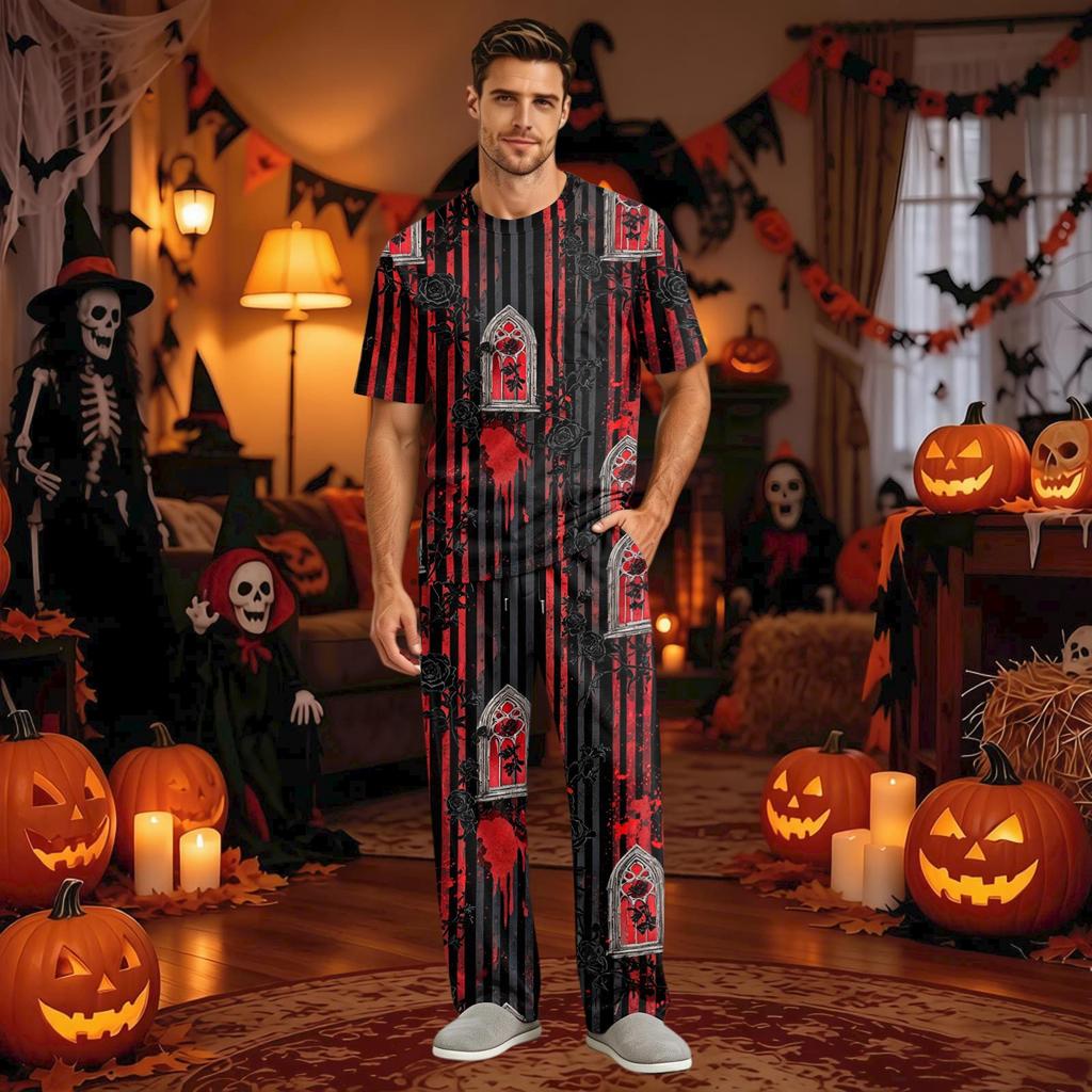 Men's Home Pajama Set, Short Sleeve Top and Long Pants with Button Fly and Drawstring Waist