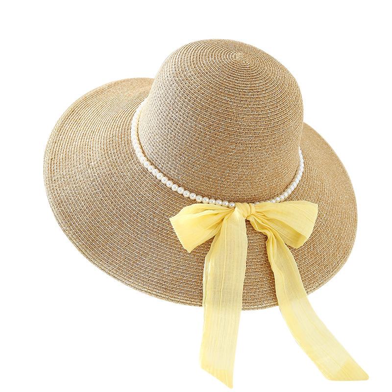 New pearl chain bow straw hat women's spring and summer big brim outdoor sunscreen hat vacation style travel sun hat