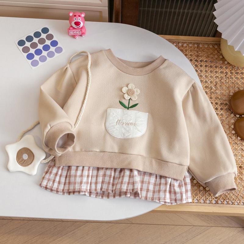 Girls Spring Autumn Sweet Plaid Floral Fake Two Piece Sweatshirt Dress Baby Cute Long Sleeve Dress For Little Kids