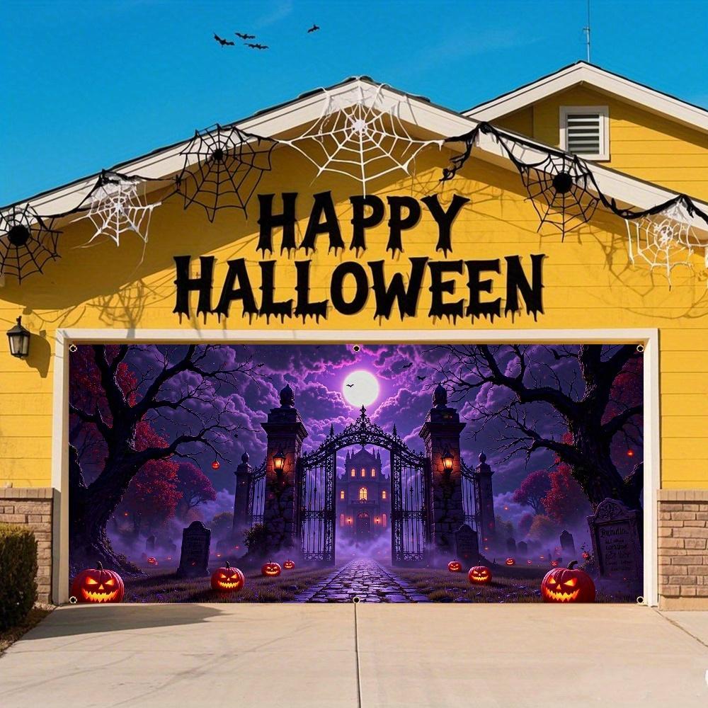 2D door banner, ghost Halloween garage door, strange purple glow carved pumpkin lantern, castle path, Halloween decoration