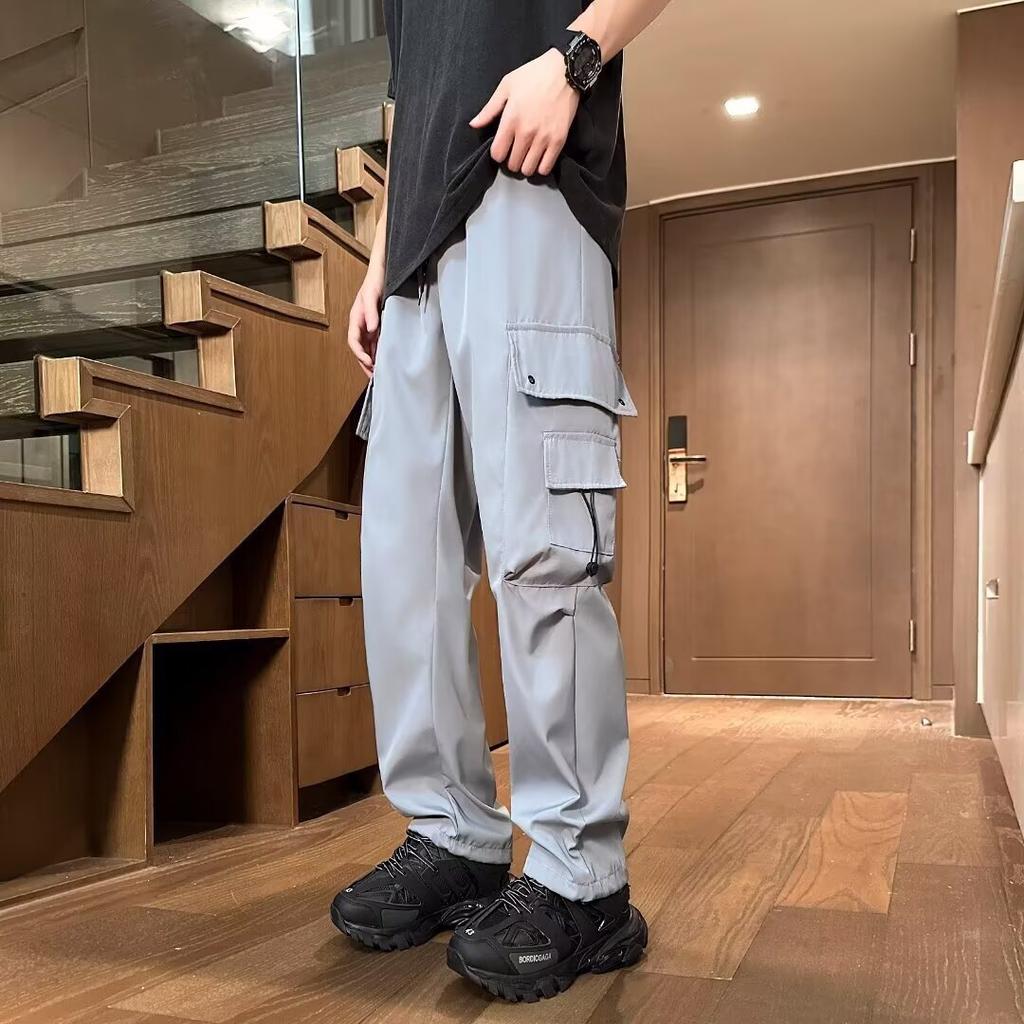 Large Size Overalls Men's Summer New Drawstring Design Straight Pants Hong Kong Style Loose Big Pocket Casual Pants