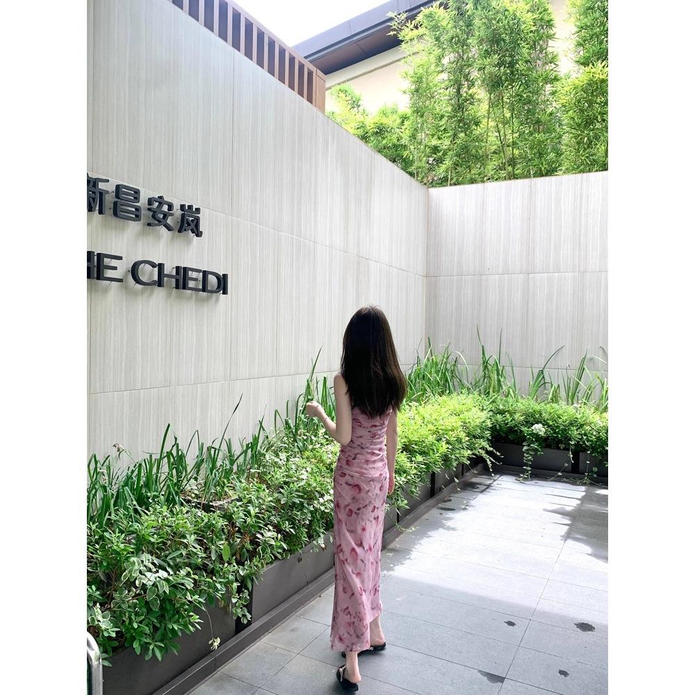 Rosa geblümtes Trägerkleid Kinder Sommer neue Mode Urlaubsstil Taillenkleid