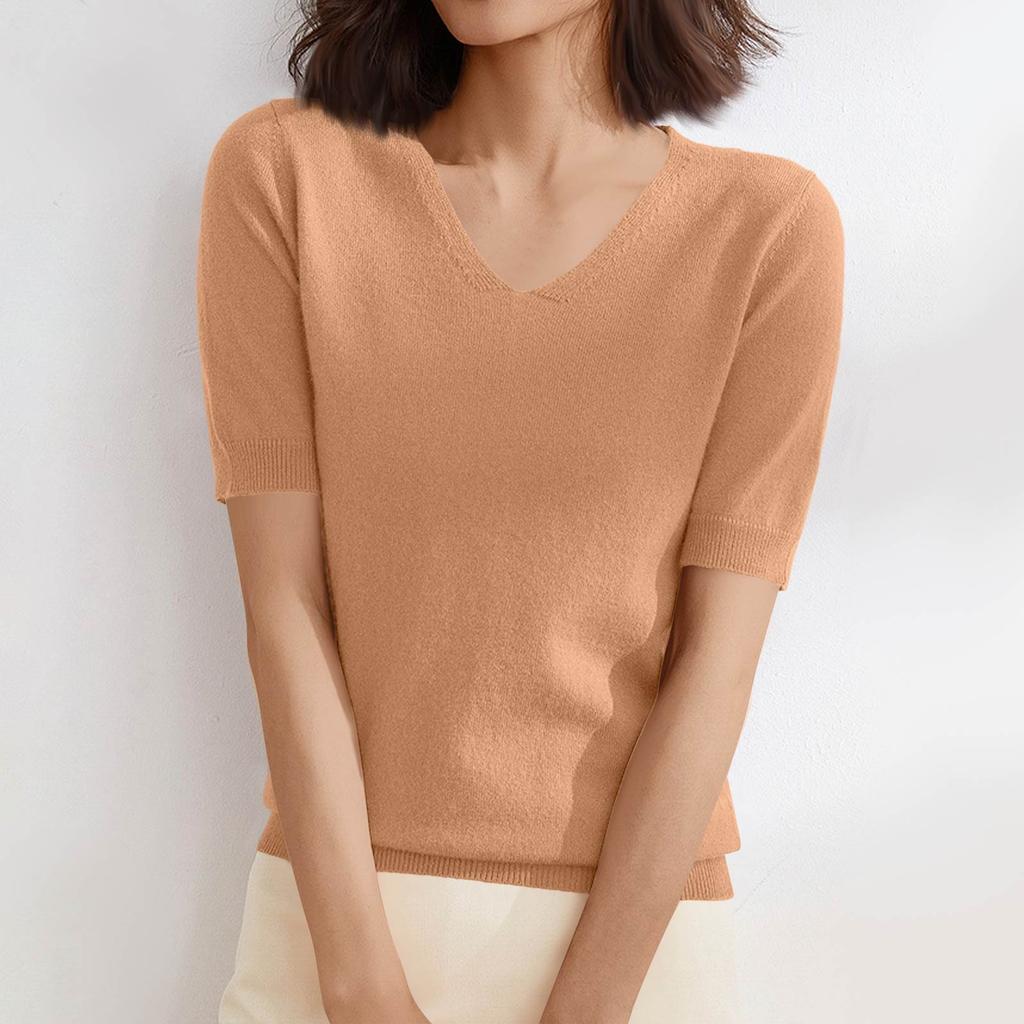 Women's Sweater T-Shirt Short Sleeve Knitted Tops Pullover V-Neck Sweater Lightweight Casual Color Sweater Elegant Spring Summer Tops