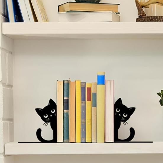 2Pcs Black Cat Bookends for Shelves Cute Metal Book Holder for Desk Heavy Duty