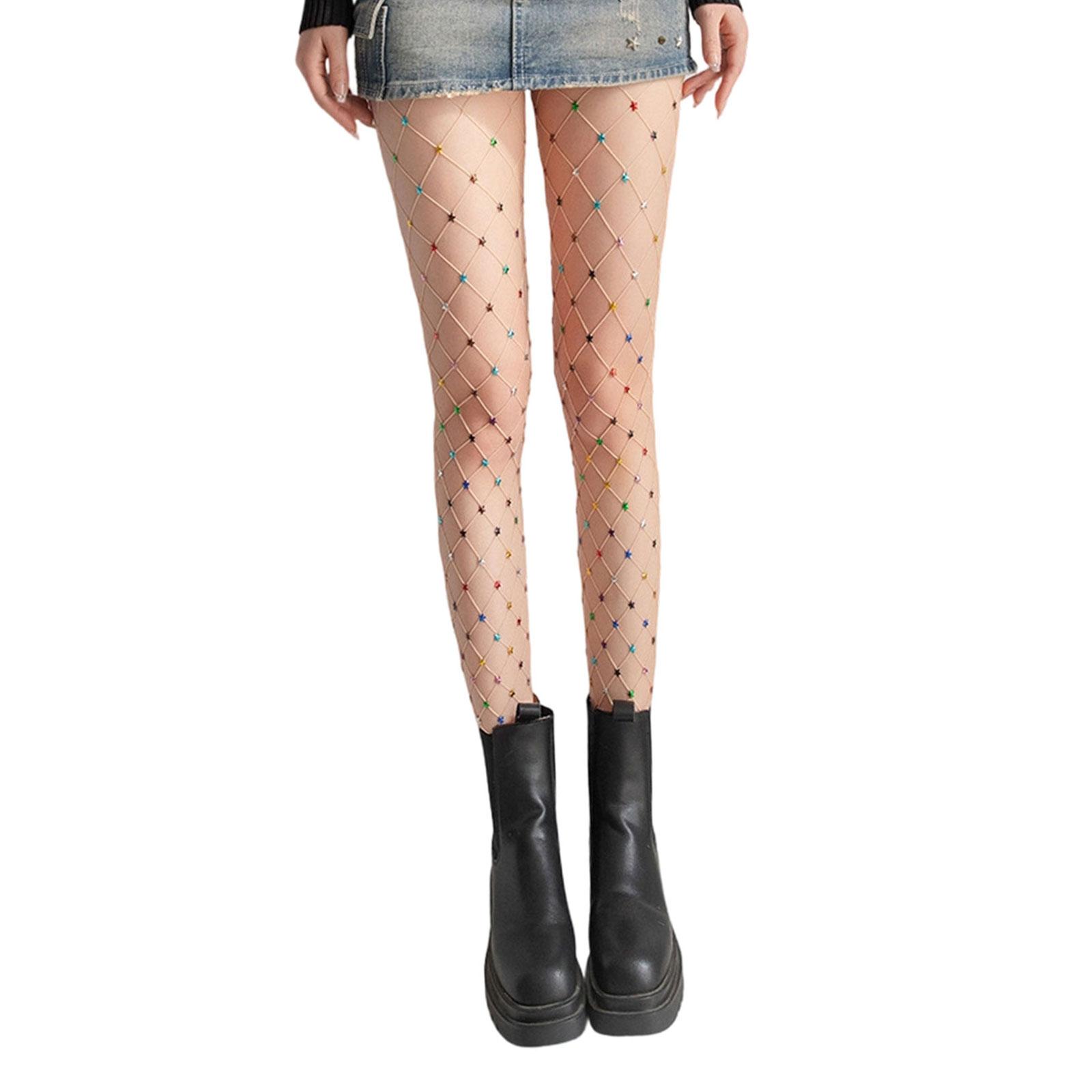 Rhinestones Fishnets Stockings for Women High Waist Pantyhose Glitter Sparkly Large Mesh Fishnet Tights