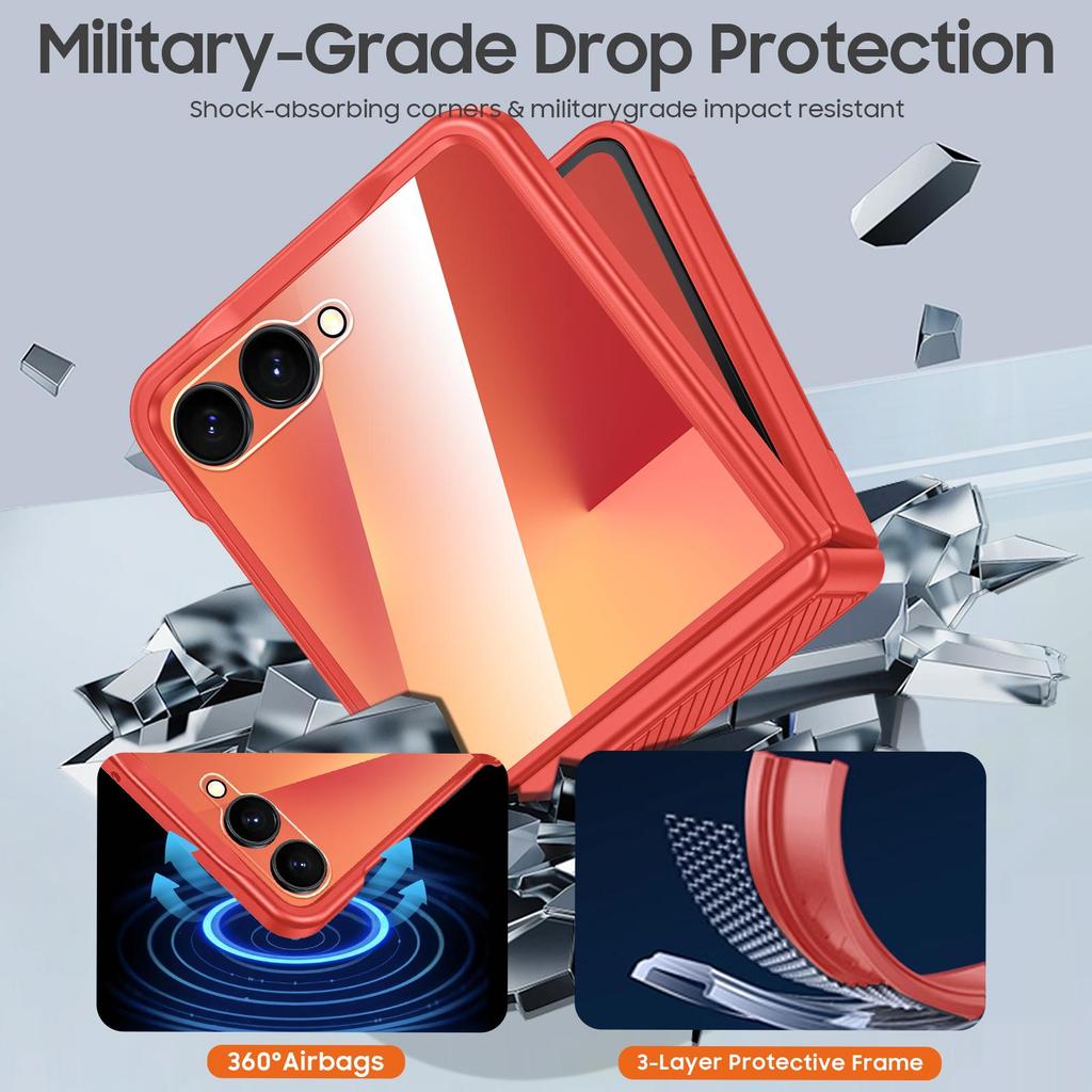 For Samsung Galaxy Z Flip 7 with Card Holder [RFID Blocking] & Hinge Protection & HD Screen Protector,Rugged Anti-Scratch Phone Case-Rose Red