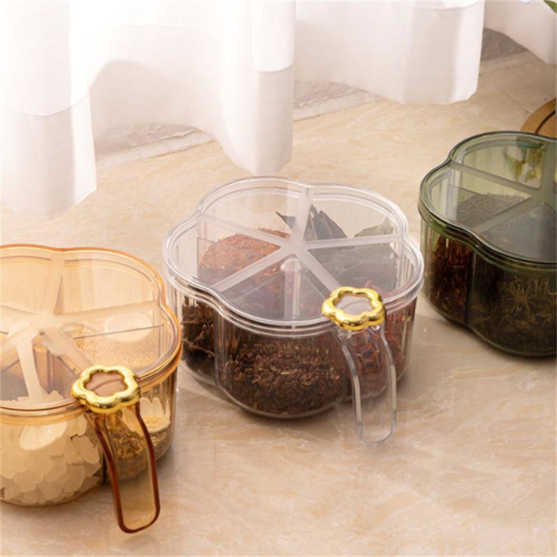 5 In 1 Seasoning Box with Spoon Spice Jar Multi Compartment Salt Pepper Spice Jars Pots Kitchen Accessories Condiment Container