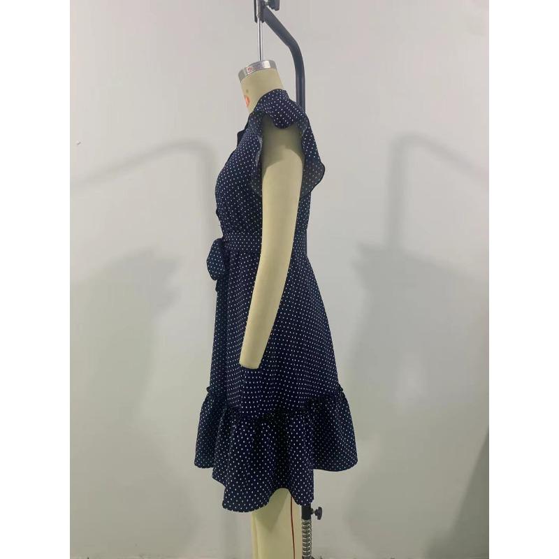 Ladies Temperament Polka Dot Ruffle Sleeve Dress Summer Tie Waist Drawstring A-Line Skirt