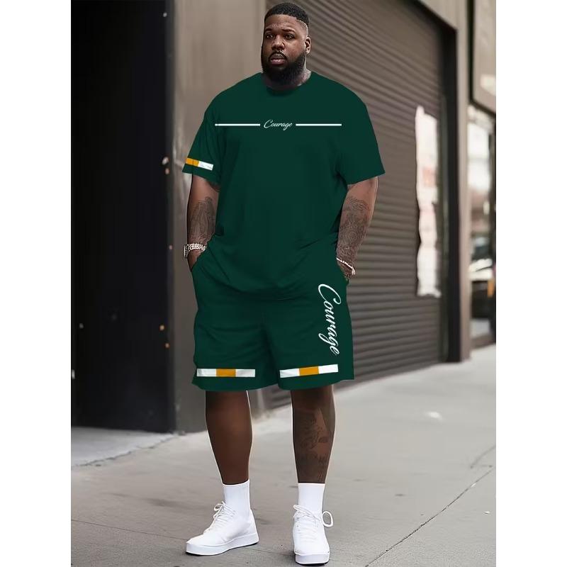 Simple Letter Print T-shirt Shorts 2-piece Set Fashion Men's Suit Big Size Loose Short Sleeve T Shirt Drawstring Shorts Set