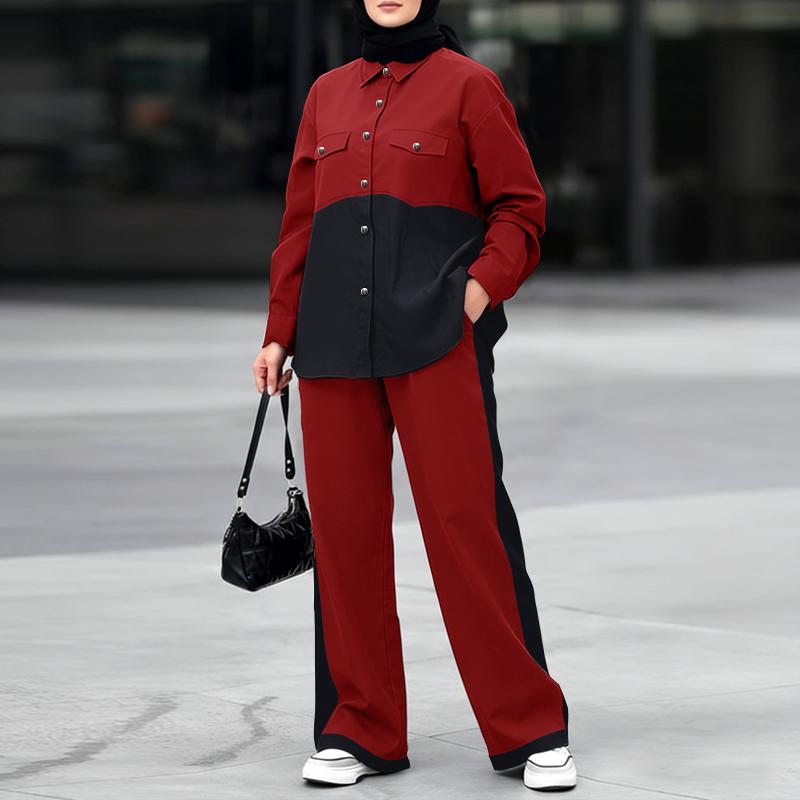 ZANZEA Damen Langarm Patchwork Bluse und Hose Lässige Zweiteilige Anzugsets