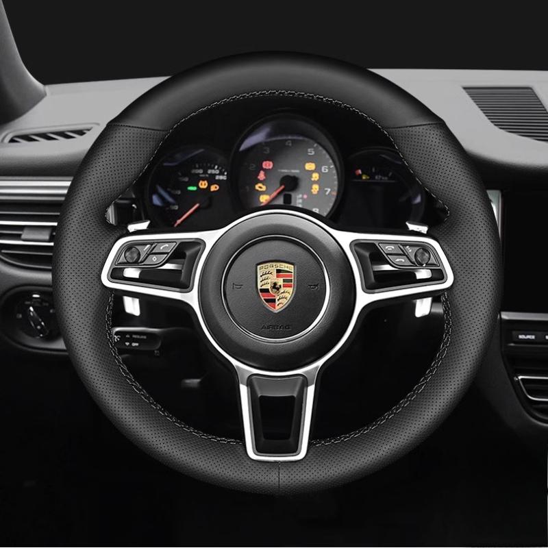 for Porsche Taycan Cayenne Macan Panamera 718 911 hand-stitched non-slip black genuine Leather car steering wheel cover