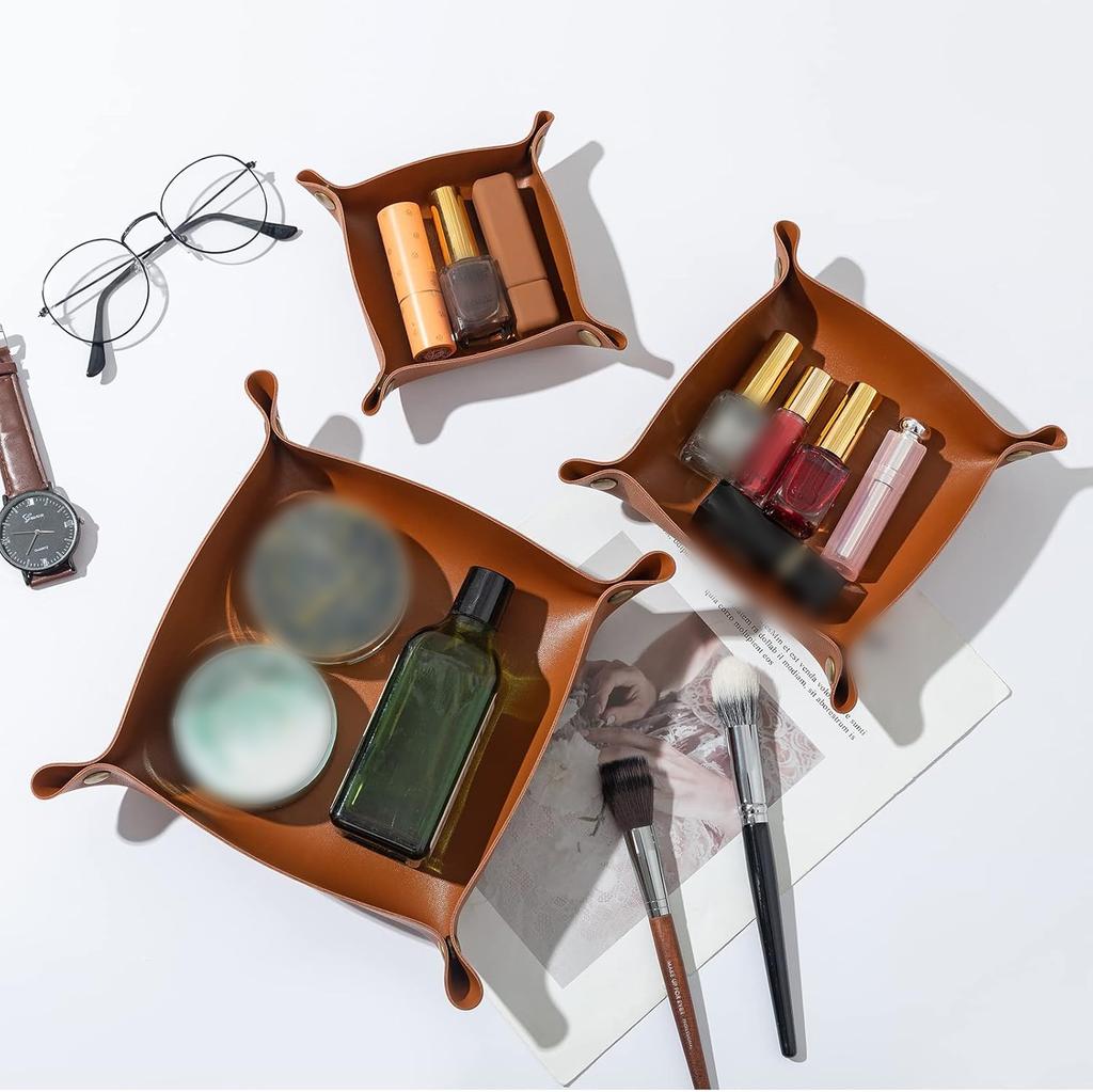 1PC 25X25cm Nordic PU Leather Storage Box - Foldable Desktop Tray for Jewelry, Cosmetics & Keys