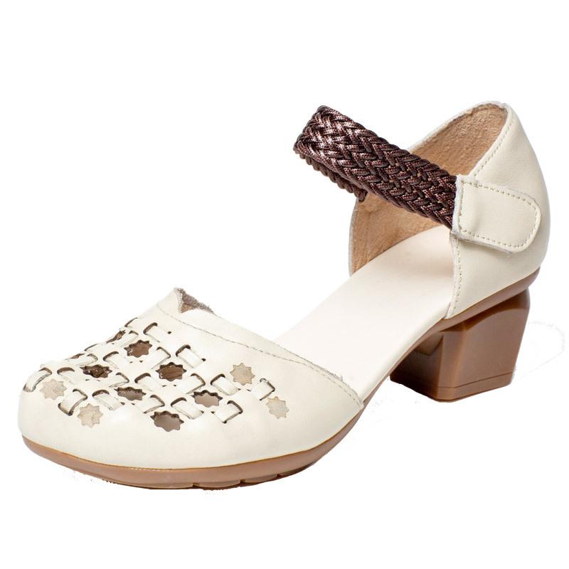 Fashion GKTINOO 2025 Summer New Retro Genuine Leather Shoes Woman Retro Hollow Sandals Female Hook & Loop Thick Heels Women's Shoes