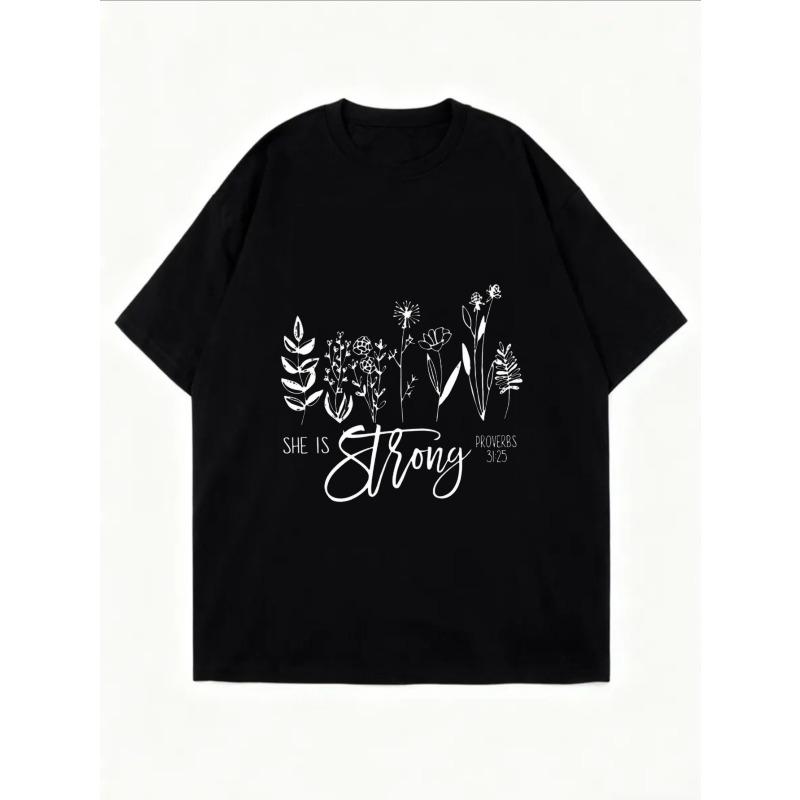 White Oversized T-Shirt With Floral Design And She Is Strong Text For Casual Wear