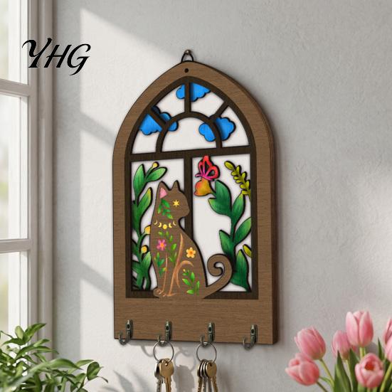 Entryway Organizer for Keys Bohemian Wooden Key Hanger, Decorative Wall Mounted Holder with 4 Metal Artistic Hooks Small Items Hooks, Hanging