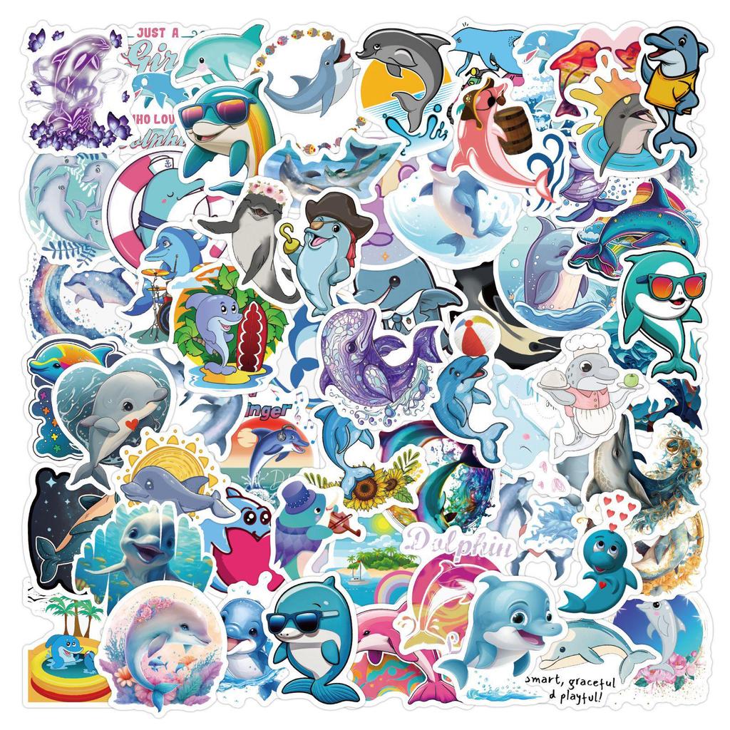 60 Cute Dolphin Cartoon Waterproof Stickers: Car, Suitcase, Water Bottle, Skateboard - 60 Sheets