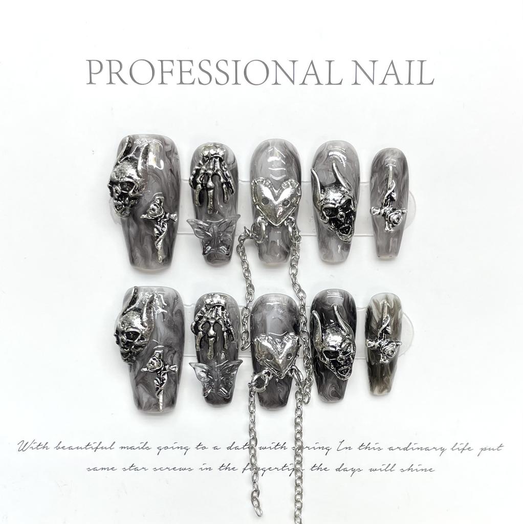 Handmade Punk Black Chain Tassel Press On Nails With Glitter Diamond Bowknot Butterfly Y2K False Nail Tips