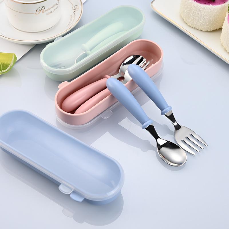 Child's Portable Cutlery Set with Cartoon Handle - Stainless Steel Fork and Spoon Gift Box for Kindergarten Feeding
