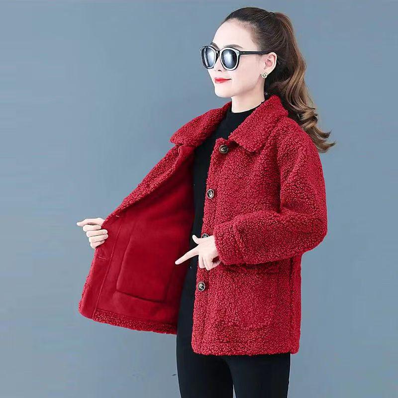 Women's Lambskin Granular Fleece Coat - Autumn/Winter Cardigan for Middle-Aged