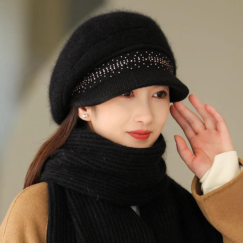 WTEMPO Cold-proof Windproof Warm Solid Color Ear Protection Elastic Hats Women's Autumn Winter Casual Verstaile Retro Elegant Hat + Scarf Set