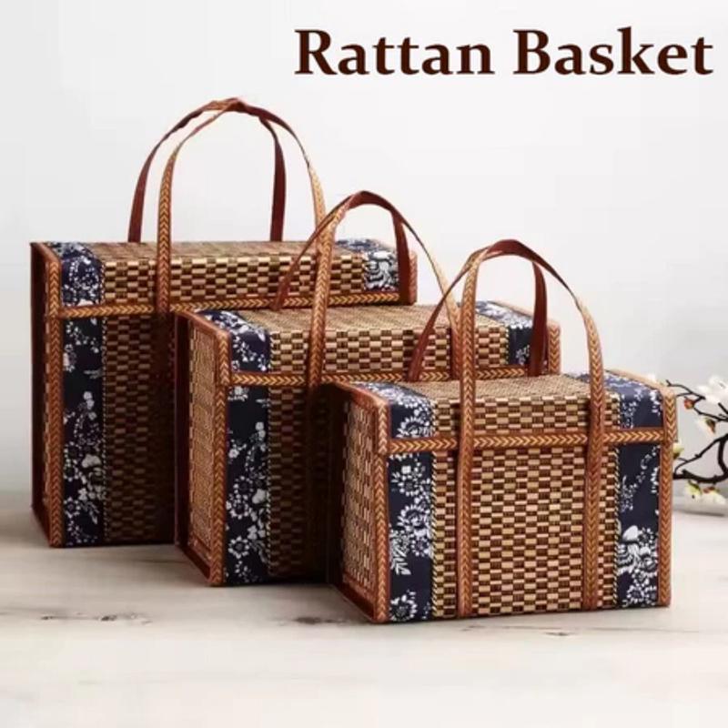 Folding Bamboo Woven Fruit Basket Handheld Handle Fruit Shopping Food Basket Picnic Food Storage Basket For Outdoor