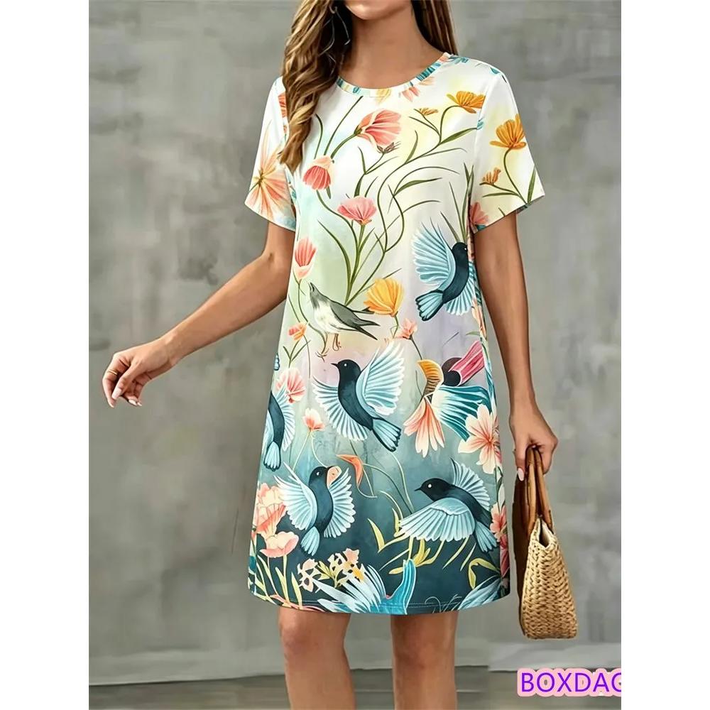 Flower Print Versatile Short-sleeved Dress Comfortable Simple Casual Dresses