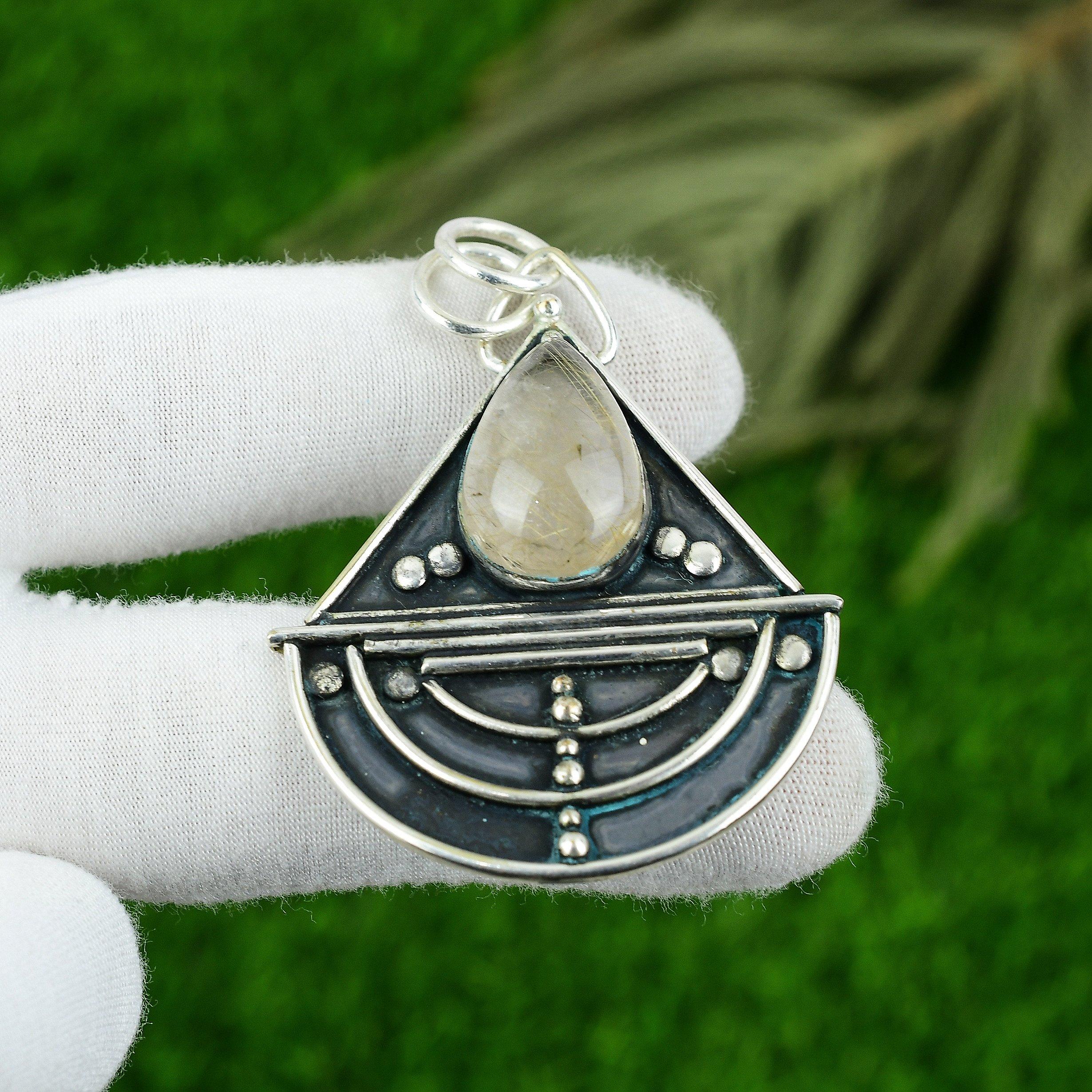 

925 Silver Pear Golden Rutile Stone Bezel Wife Engagement Unique Pendant Jewelry