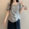 Women's Grey Square Neck T-Shirt Short Sleeve Asymmetrical Hem Casual Slim Fit Basic Top