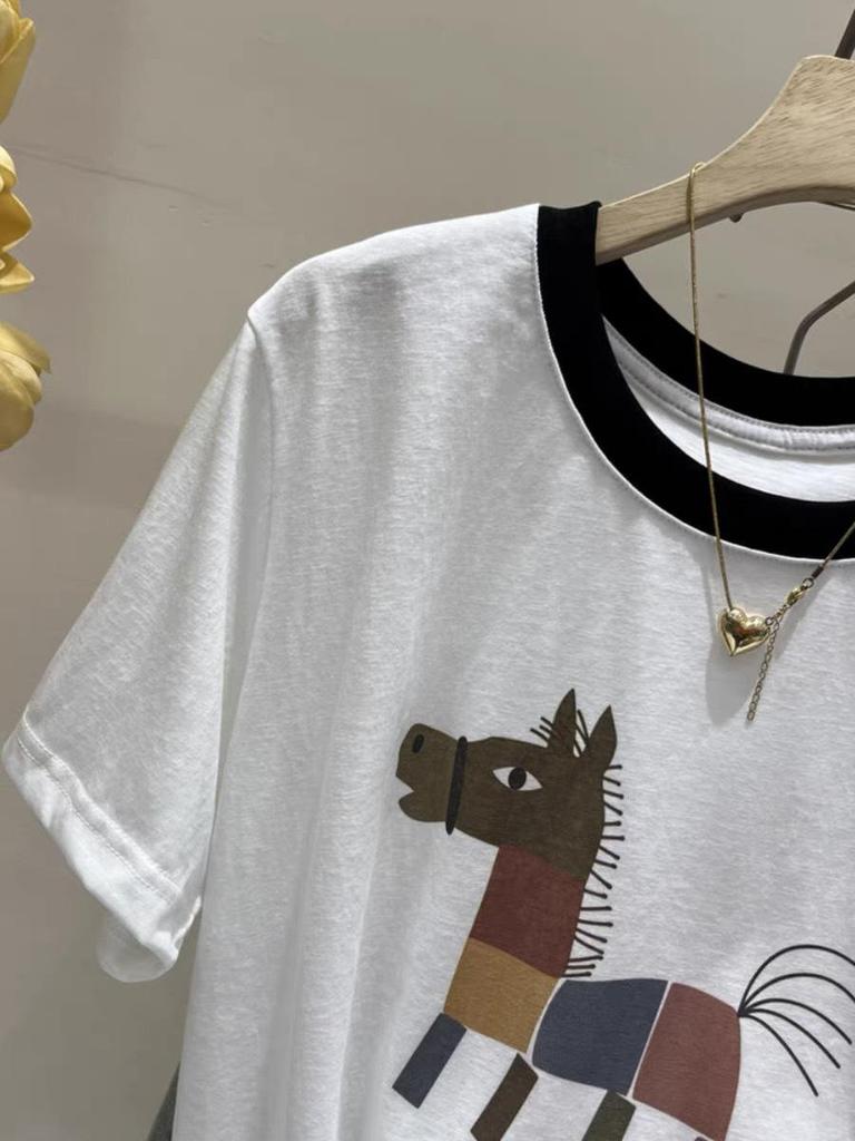 Colorful Horse Print Plus Size Summer Casual Loose Women's Cotton T-shirt