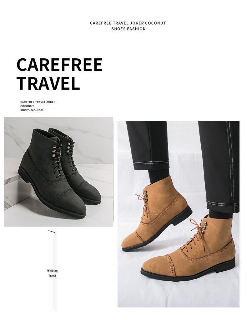 British Style Men's Mid-High Leather Brogue Business Casual Ankle Boots, Fashion Retro Dr. Martens
