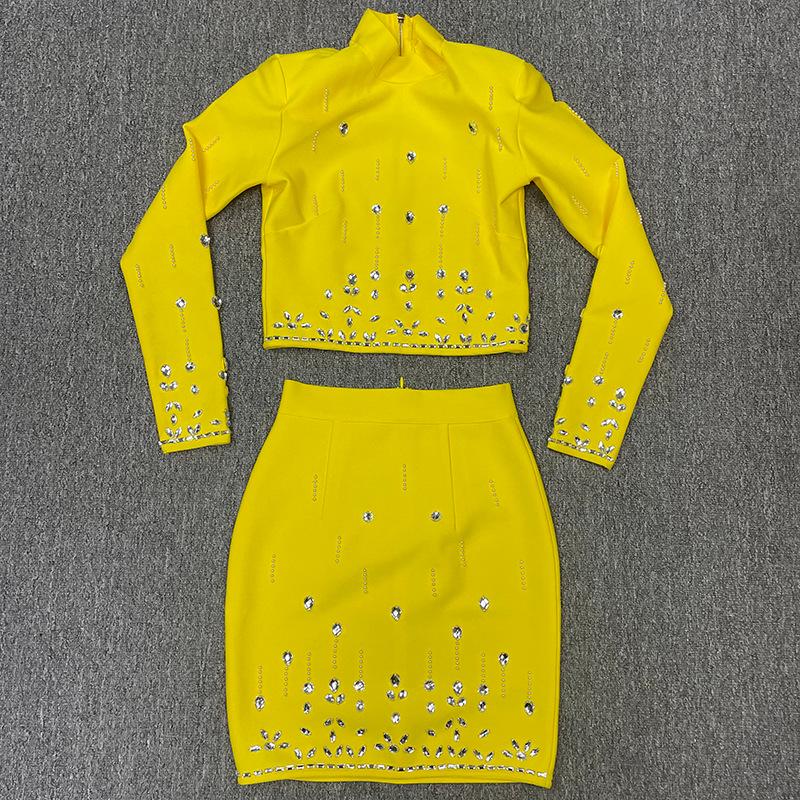 Chic French Socialite Rhinestone Bandage Top & Hip-Hugging Midi Mini Skirt Set