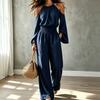 Women's Cable Knit Neck Long Sleeve Jumpsuit, High Waist Loose Fit Straight Leg