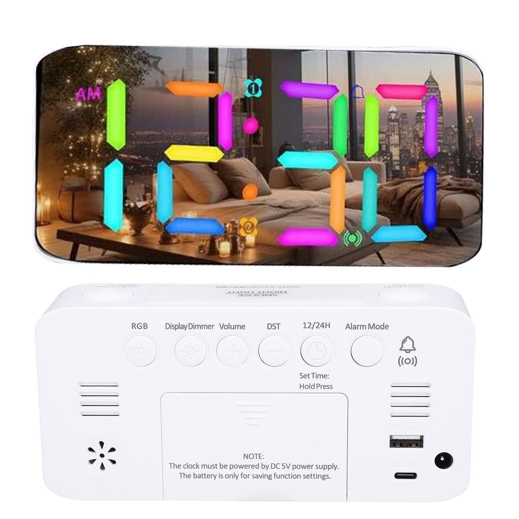 7 Inch Mirror Alarm Clock with Bed Shaker RGB Night Light 5 Levels Volume Vibrating Alarm Clock for Heavy Sleepers Seniors