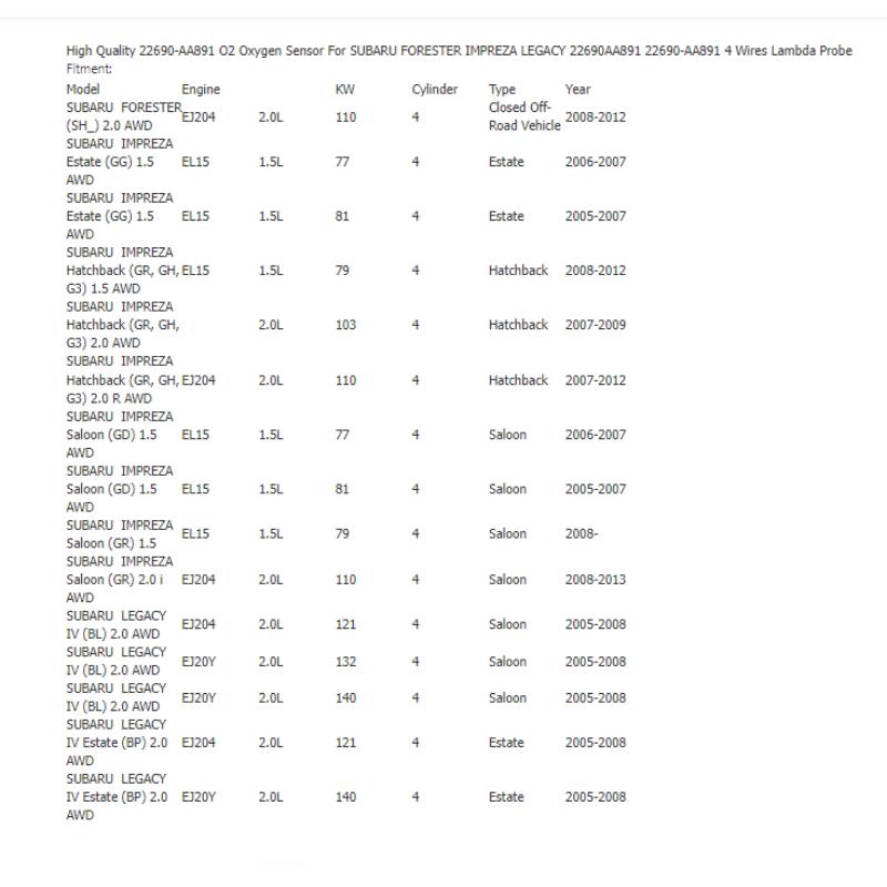 Rear Oxygen Sensor for Subaru Forester 22690-AA891 22690-AA970 22690AA831