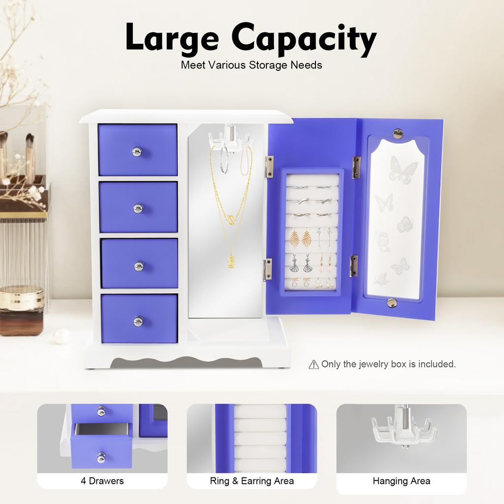 Pudełko na biżuterię motyl z obrotowym haczykiem, 4 szuflady, szklane drzwiczki, lustro ścienne, duży pojemnik do przechowywania z MDF