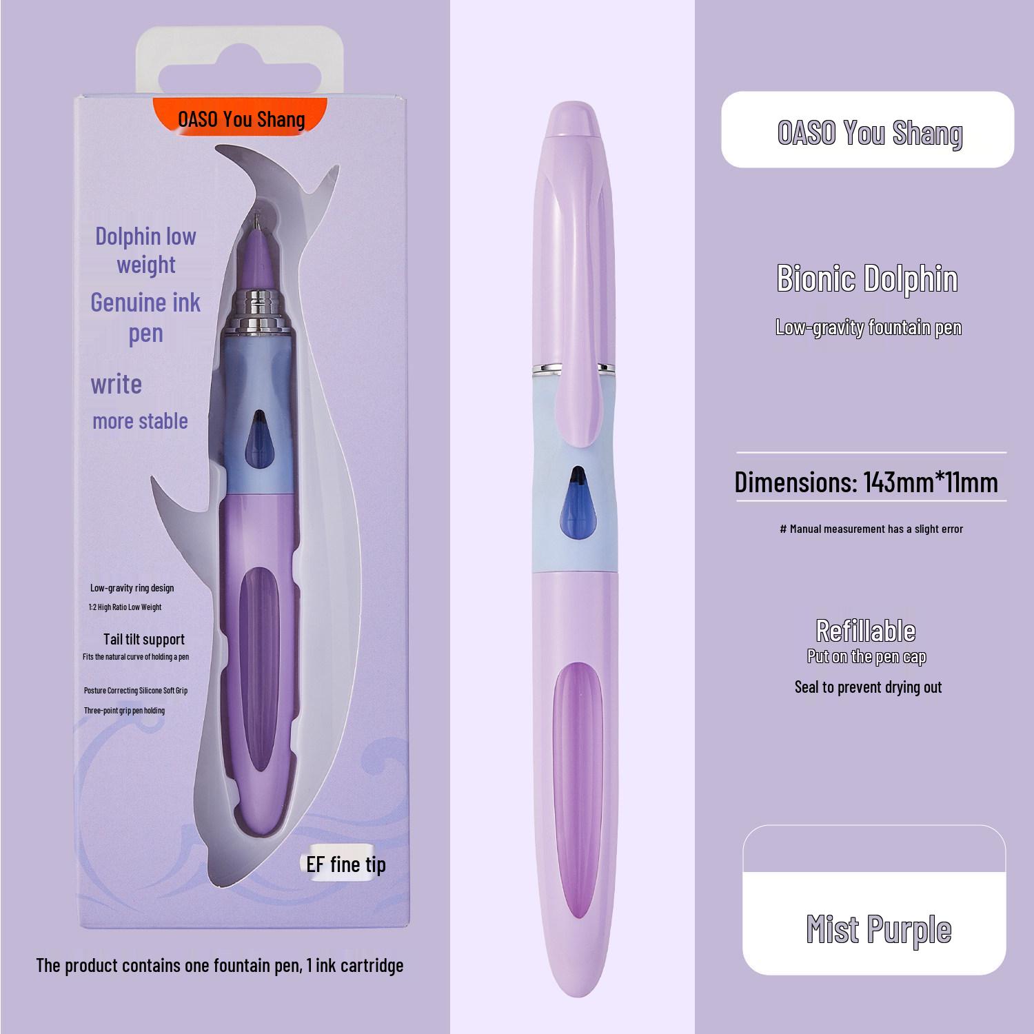 

OASO YouShang A066 Dolphin Low Gravity Fountain Pen for Third Grade Students – Beginner s Posture-Correcting High-Design Pen Pen + 1 Black Ink Cartridge