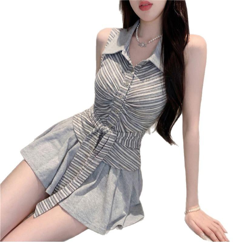 College Style Polo Collar with Chest Pad, Striped Neck Vest, Spring and Summer Waist Strap, Sleeveless Tube Top